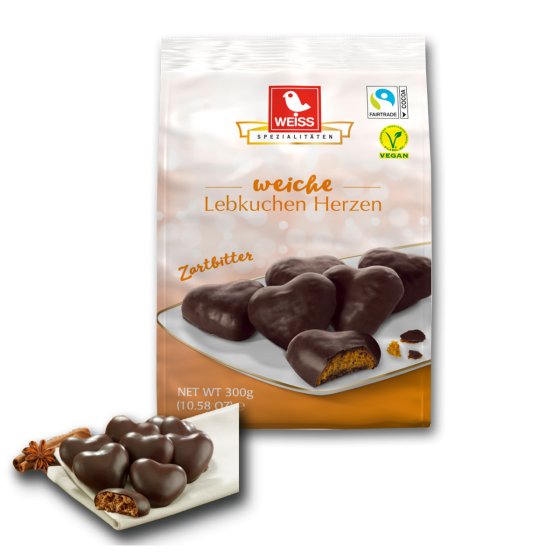 Weiss Weiche Lebkuchen Herzen überzogen mit Zartbitterschokolade 300g 