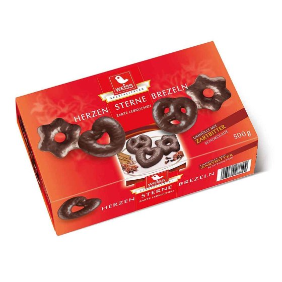 Weiss Lebkuchen Herzen Sterne Brezeln mit Zartbitterschokolade 500g 