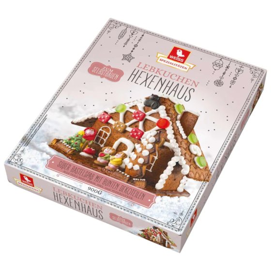 Weiss Lebkuchen Hexenhaus zum Selbstbauen mit süßen Dekorteilen 900g 