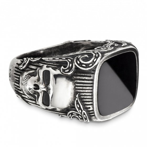 Ring Silber 925 oxydiert mit Totenkopf-Motiv und schwarzem Onyx 