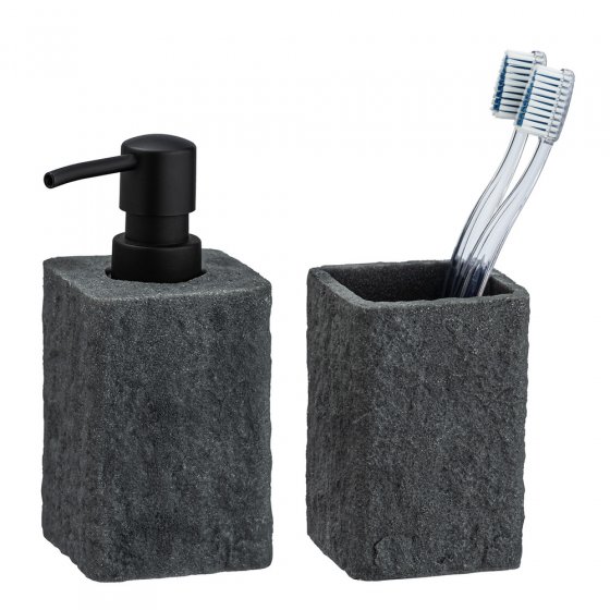 Seifenspender und Zahnputzbecher Mod. Villata, Grau, 2-teiliges Set 