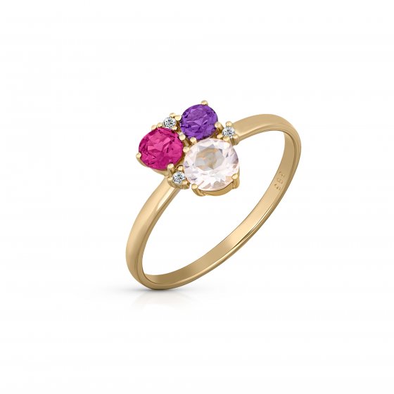 Ring Gold 585 mit Rosaquartz Amethyst Rhodolith Brillant 
