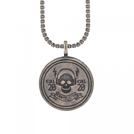 Anhänger mit Kette 925/- Silber matt oxidiert Rock Music Skull Wappen 