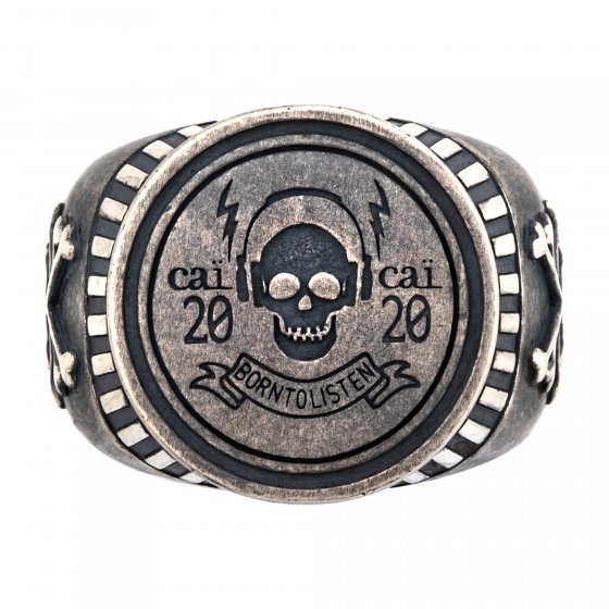 Ring 925/- Sterling Silber Siegelring matt oxidiert Rock Music Skull 