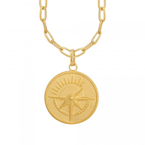 Halskette 925 Silber vergoldet Münze Kompass Sonne 