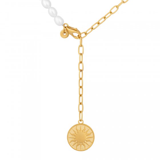 Collier 925 Silber vergoldet Y-Kette Perlen Münze Sonne Mond 