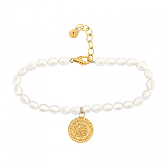 Armband 925 Silber Perlenarmband Münze vergoldet Sonne Karma 