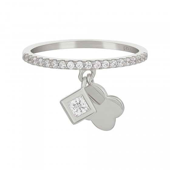 Ring 925 Sterling Silber rhodiniert mit Anhängern Kleeblatt Zirkonia 