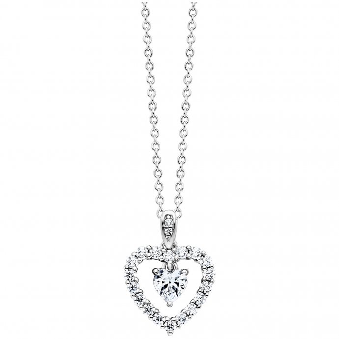Anhänger mit Kette 925/- Sterling Silber rhodiniert  Herz mit Zirkonia weiß