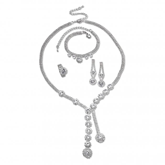 Set Kette Ohrringe Armband Ring Metall glanz Strass weiß