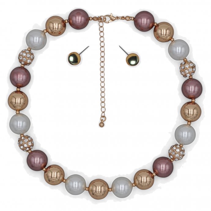Schmuck-Set Perl-Set aus Halskette und Ohrsteckern aus Metall mit mehrfarbigen Perlen