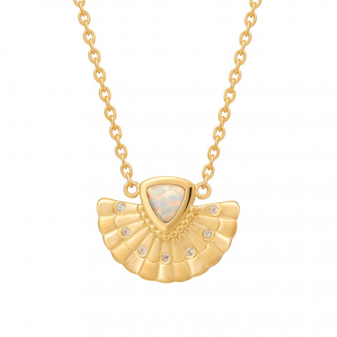 Collier 925 Silber vergoldet Boho Fächer Anhänger mit synth. Opal & Weißtopas