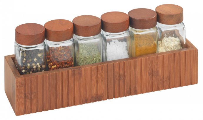 Gewürzregal Mod. Mera mit Gewürzstreuer Mod. Anni, aus geräuchertem Bambus