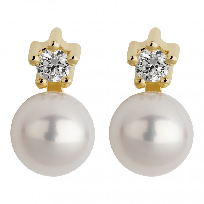 Ohrringe Gold 585 mit 2 echten Brillanten zus. 0,10ct. und weißen Perlen 5mm