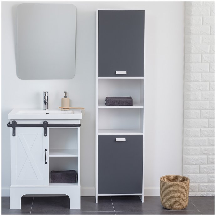 Hochschrank Badschrank Grau Stauraumschrank mit Türen und Fächern