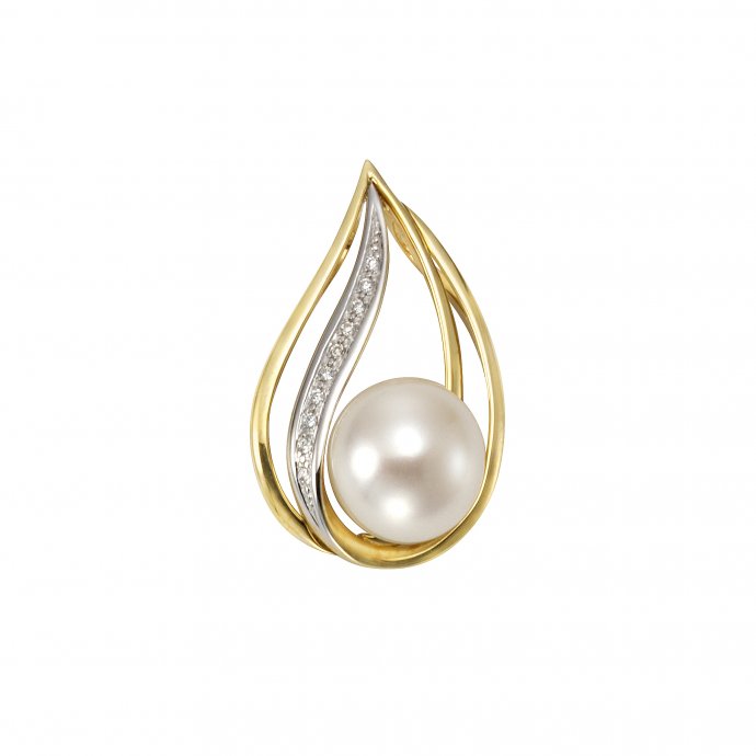 Anhänger Gold 585 zweifarbig mit weißer Perle 9,5-10mm + 10x Brillant zus. 0,04ct.