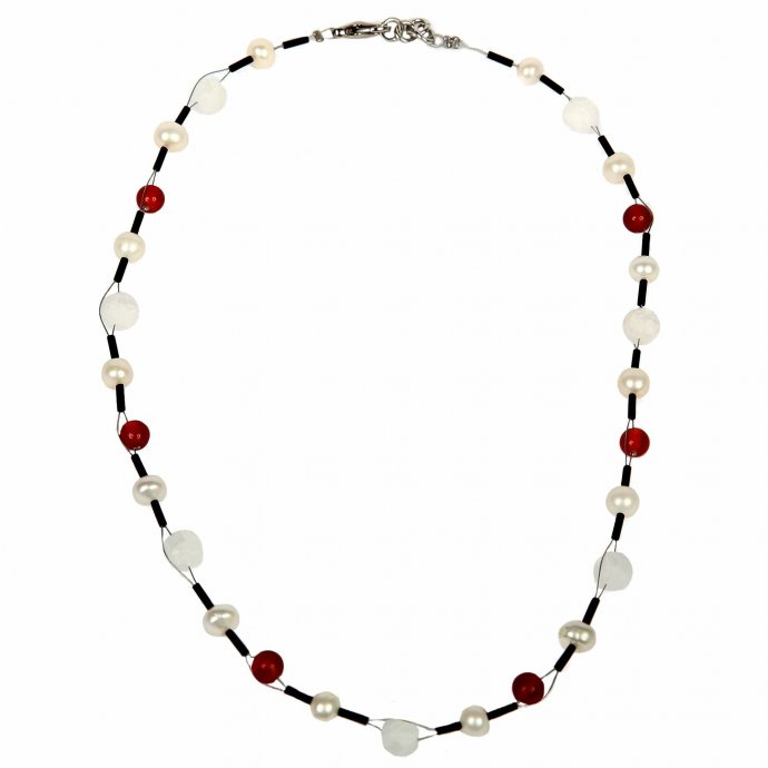 Collierkette Edelstahl Süßwasserperle, Karneol, Kristall