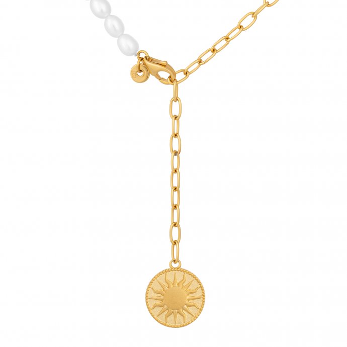 Collier 925 Silber vergoldet Y-Kette Perlen Münze Sonne Mond