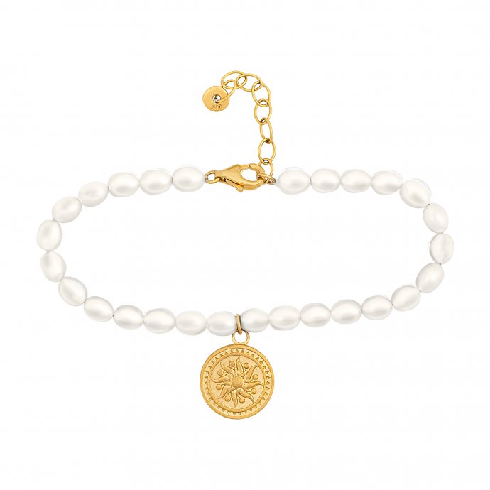 Armband 925 Silber Perlenarmband Münze vergoldet Sonne Karma