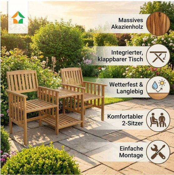 2-Sitzer-Gartenbank mit Beistelltisch klappbar, ca. 163 x 63 x 91 cm - Braun 