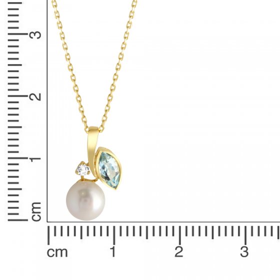 Halskette 375 Gold mit Blautopas (beh.), Perle wei und Zirkonia 
