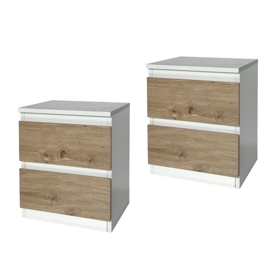 Nachtkommode 2er Set Weiß-Artisaneiche mit 2 grifflosen Schubladen 