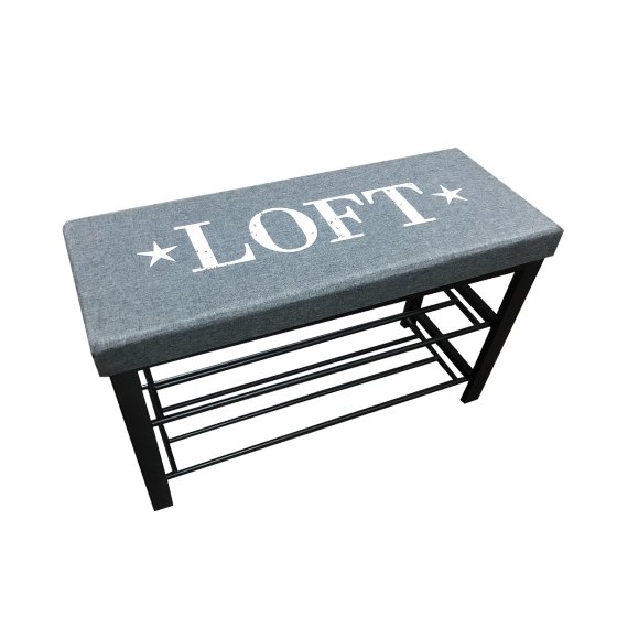 Sitzbank mit Schuhregal und Polster Metallgestell mit LOFT Aufschrift 
