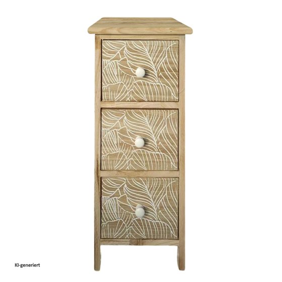 Kommode Melia schmal 3 Schubladen Blätter-Design Artisaneiche-Weiß 