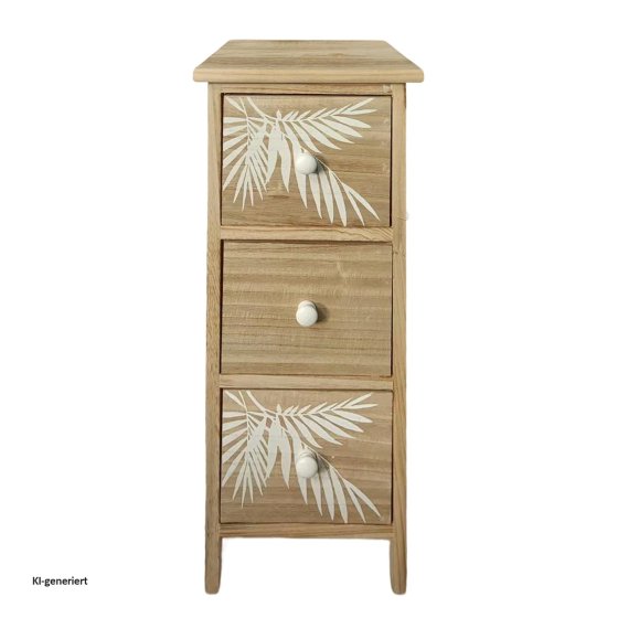 Kommode Melia schmal 3 Schubladen Palmen-Design Artisaneiche-Weiß 