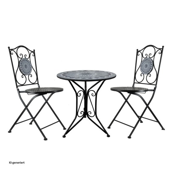 Bistro Sitzgruppe Metall schwarz Tisch mit 2 Stühlen Balkon Set mit Motiv Schiefer 