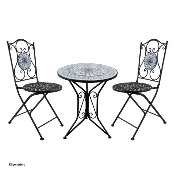 Bistro Sitzgruppe Metall schwarz Tisch mit 2 Stühlen Balkon Set mit Motiv 