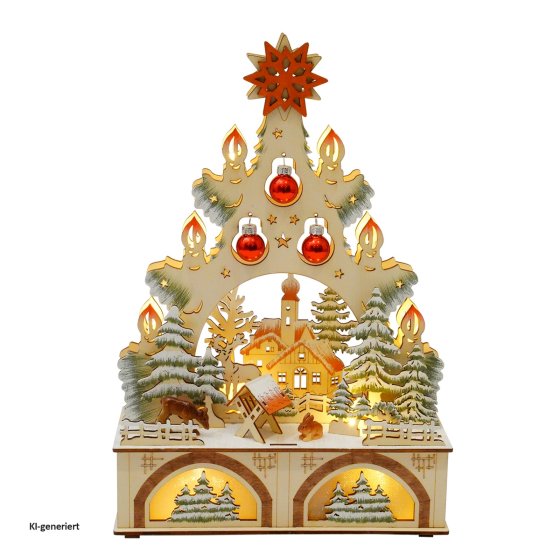 LED Schwibbogen Weihnachtsbaum mit Kugeln und Kirche 