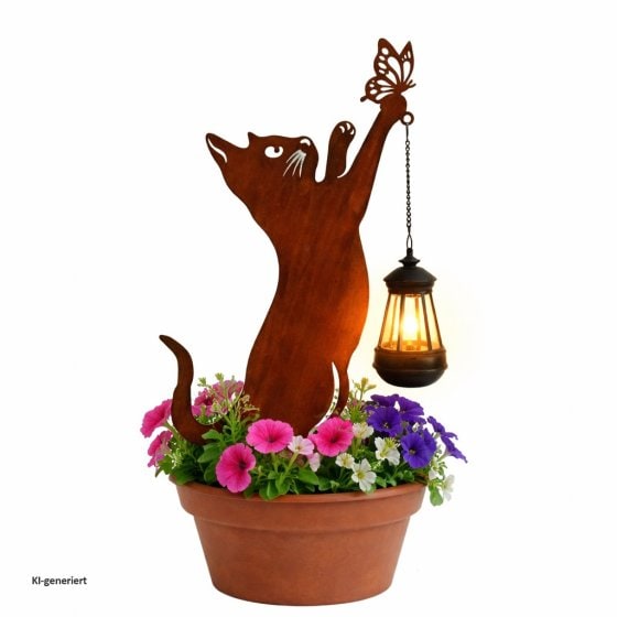 Gartenstecker Katze mit Lampe Metall Rostoptik Gartendeko mit Laterne 