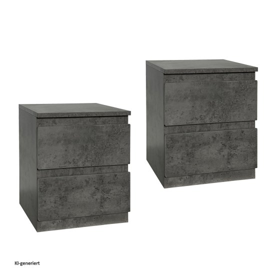Nachtkommode 2er Set Beton mit 2 grifflosen Schubladen 
