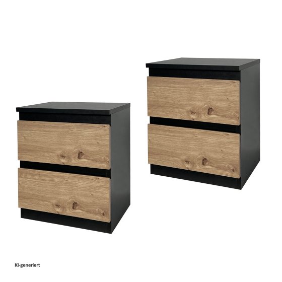 Nachtkommode 2er Set Schwarz-Artisaneiche 2 grifflosen Schubladen 