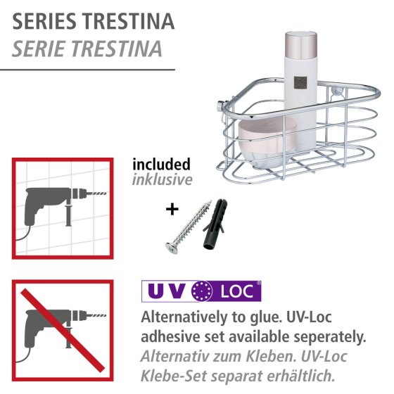 Edelstahl Eckablage Mod. Trestina, extra tiefer Korb für Shampoo- und Duschgelflaschen 