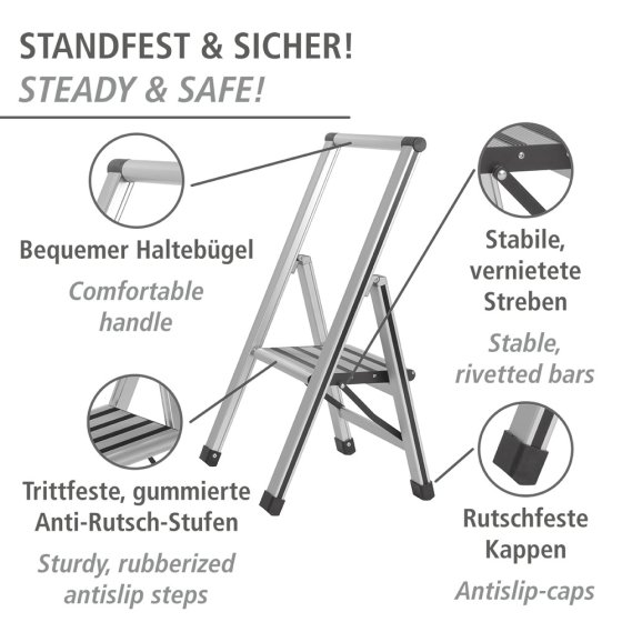 Alu-Design Klapptrittleiter 1-stufig Silber, rutschsichere XXL-Stufen 