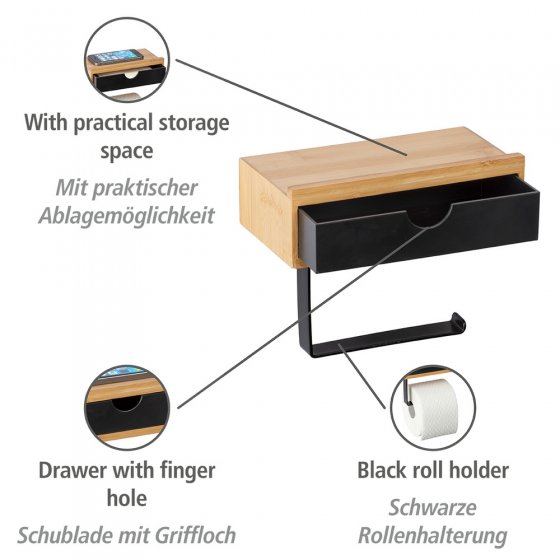 Toilettenpapierrollenhalter mit Schublade Mod. Bambusa, zur Wandmontage 