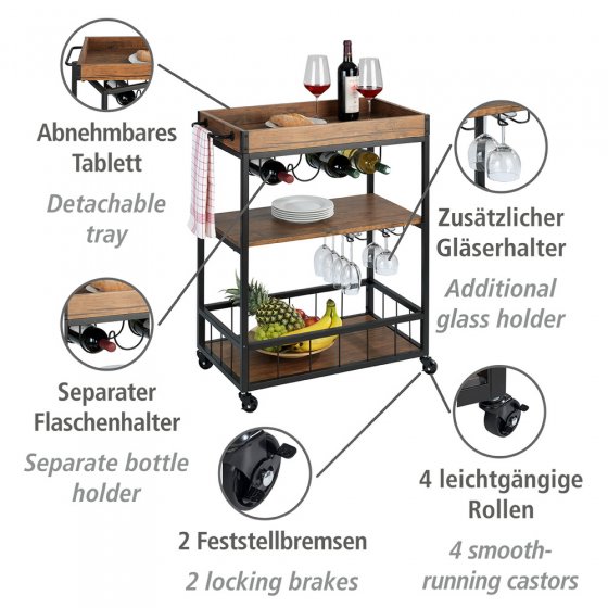 Küchenwagen Mod. Rustico, mit Weinglashalter und Flaschenhalte 