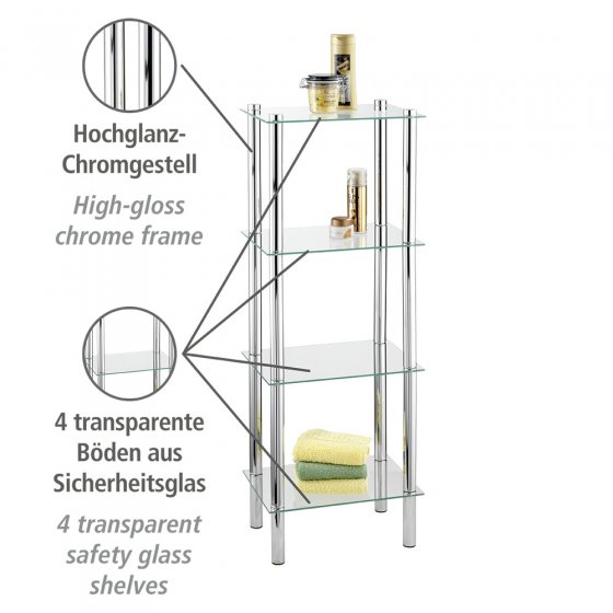 Regal Mod. Yago viereckig, 4 Ablagen, aus Edelstahl und Sicherheitsglas