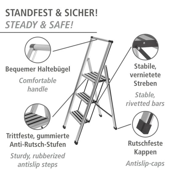 Alu-Design Klapptrittleiter 3-stufig Silber, rutschsichere XXL-Stufen 