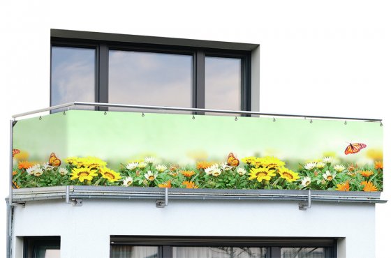 Balkon-Sichtschutz mit Schmetterlings-Motiv, 5 m, reißfester Sichtschutz mit Schmetterlings-Motiv 