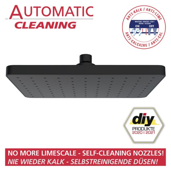 Regenduschkopf Automatic Cleaning Schwarz, 25 x 17 cm 