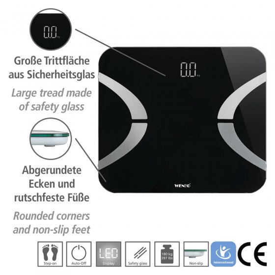 Analysewaage LED mit Bluetooth Schwarz, Körperfettwaage