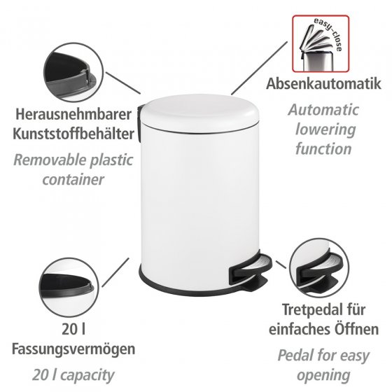 Treteimer Mod. Leman Easy Close Weiß 20 L, mit herausnehmbarem Einsatz