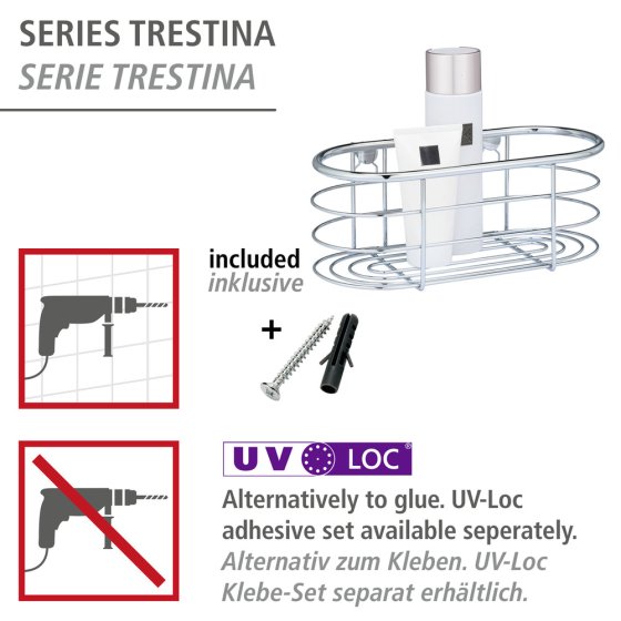 Edelstahl Wandablage Mod. Trestina, extra tiefer Korb für Shampoo- und Duschgelflaschen 