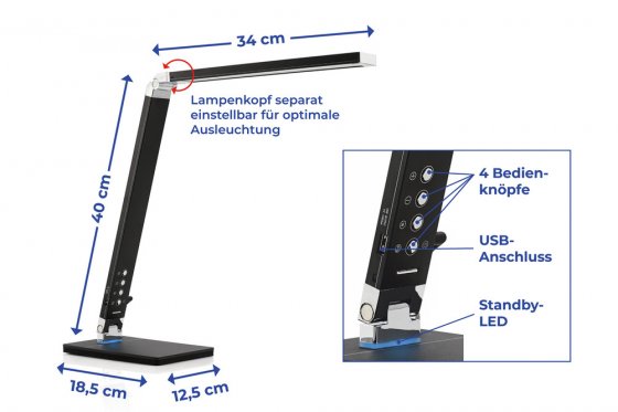 Tageslicht-Tischleuchte, Tischlampe mit 5 Helligkeitsstufen 