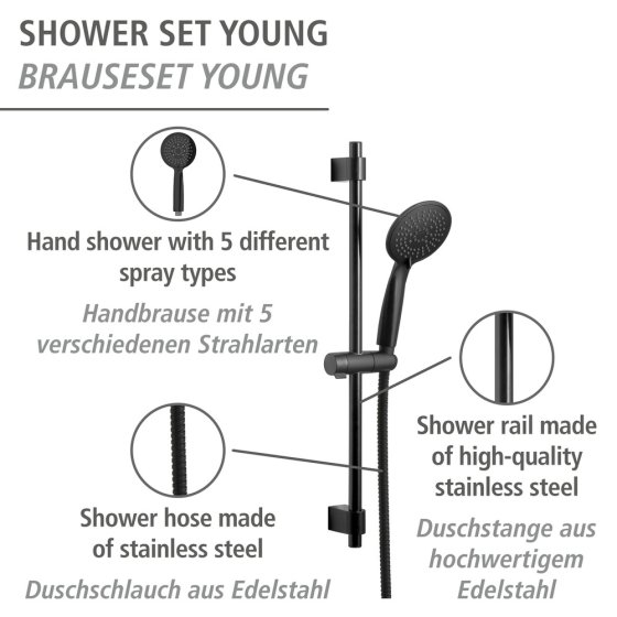 Brauseset Mod. Young Schwarz, Länge Stange: 66 cm 