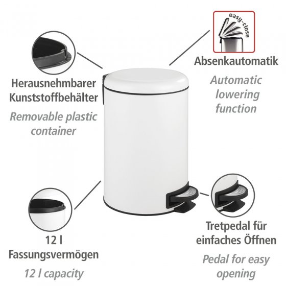Treteimer Mod. Leman Easy Close Weiß 12 L, mit herausnehmbarem Einsatz
