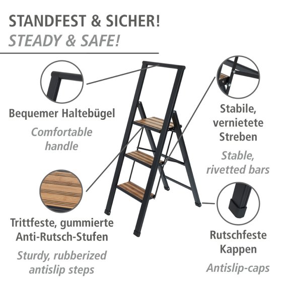 Alu-Design Klapptrittleiter 3-stufig Schwarz, rutschsichere XXL-Stufen 